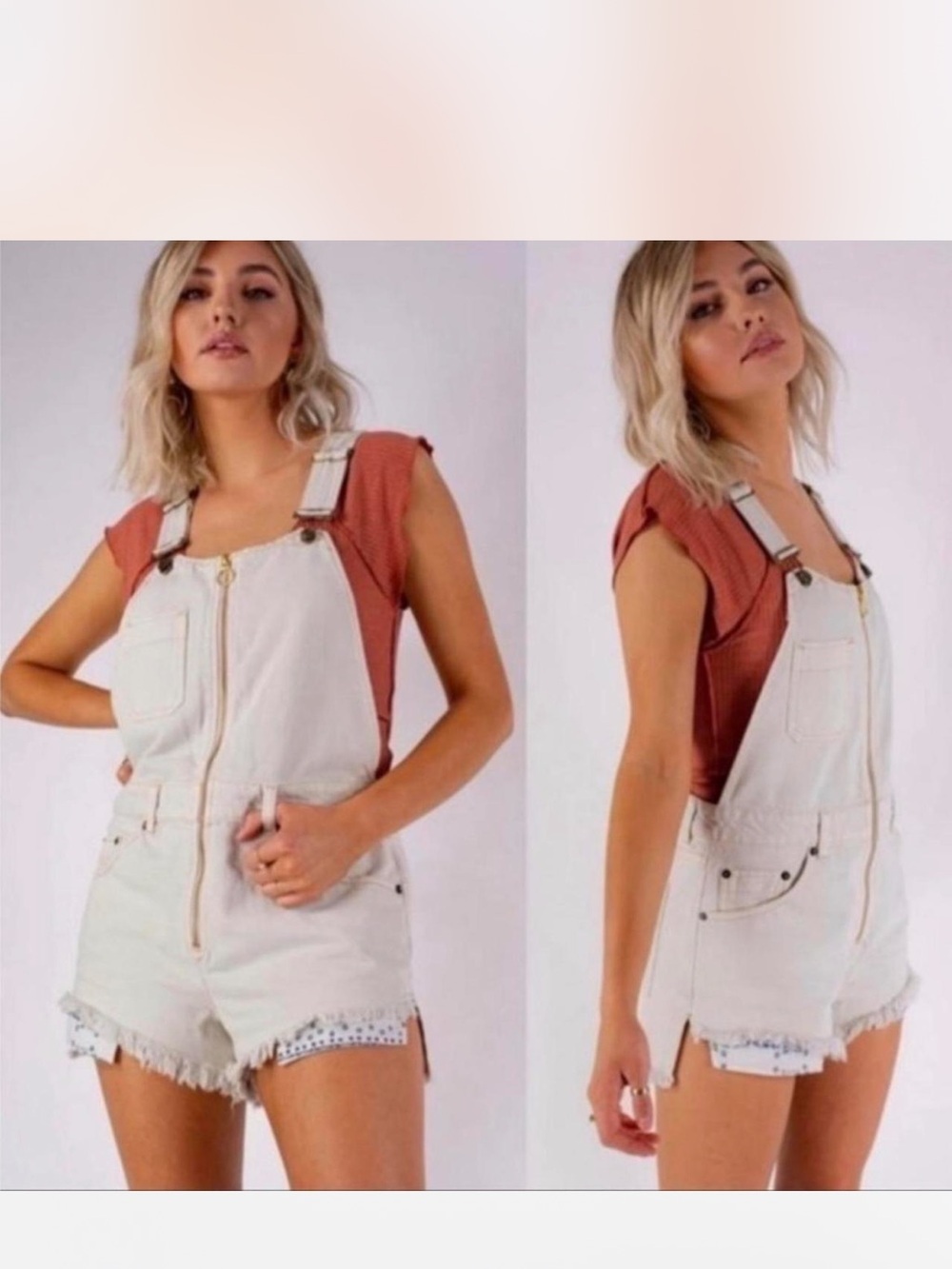 Free People Women's Sunkissed Denim Short Overalls - Cream - Size 2 pre owned eu